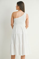 White One Shoulder Smocked Midi Maternity Dress Back View