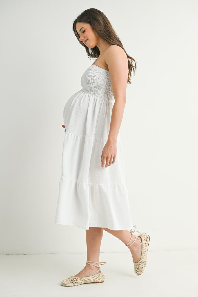 White One Shoulder Smocked Midi Maternity Dress Side View
