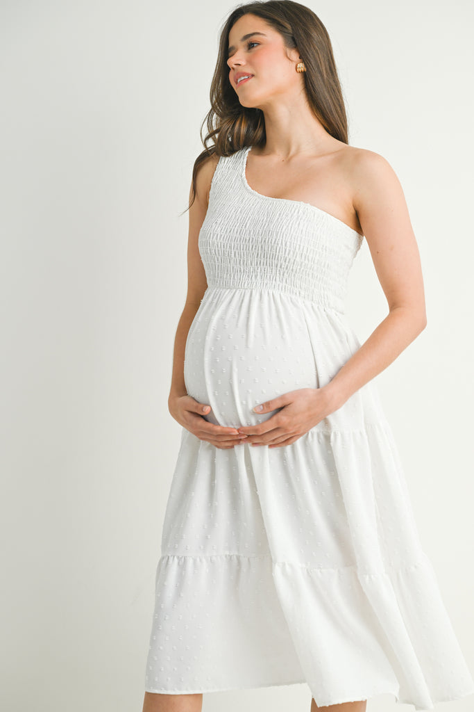 White One Shoulder Smocked Midi Maternity Dress Front View