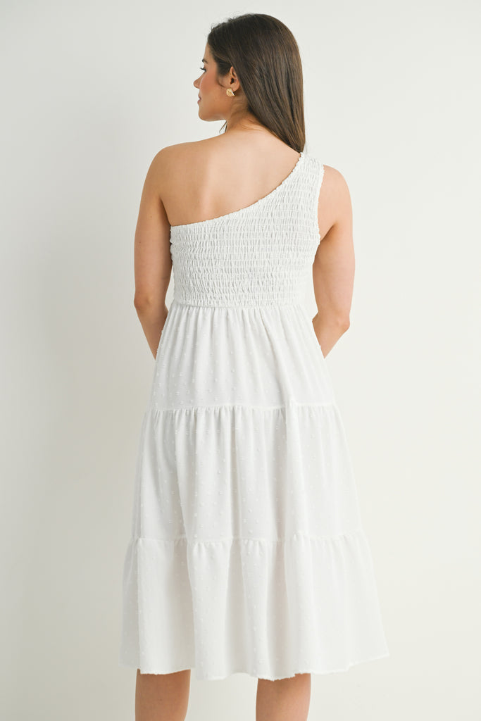 White One Shoulder Smocked Midi Maternity Dress Back View