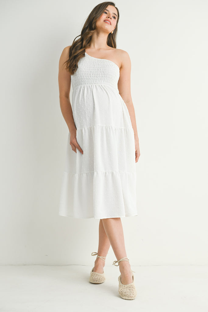 White One Shoulder Smocked Midi Maternity Dress Full Body