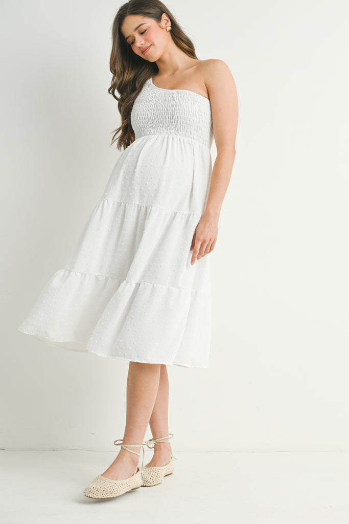 White One Shoulder Smocked Midi Maternity Dress Side View