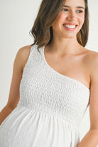 White One Shoulder Smocked Midi Maternity Dress Close Up Detail