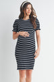 Black Fitted Stripped Puff Sleeve Maternity Dress Front View