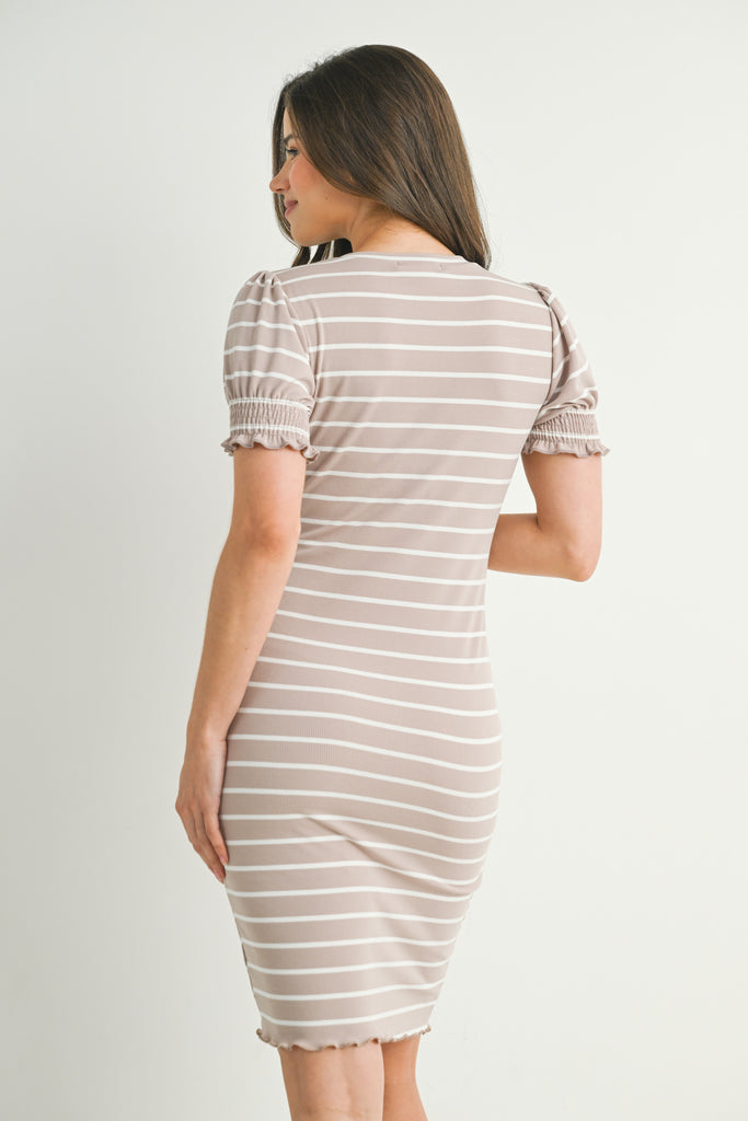 Taupe Fitted Stripped Puff Sleeve Maternity Dress Back View