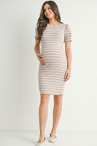 Taupe Fitted Stripped Puff Sleeve Maternity Dress Full Body