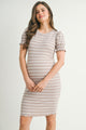 Taupe Fitted Stripped Puff Sleeve Maternity Dress Front View