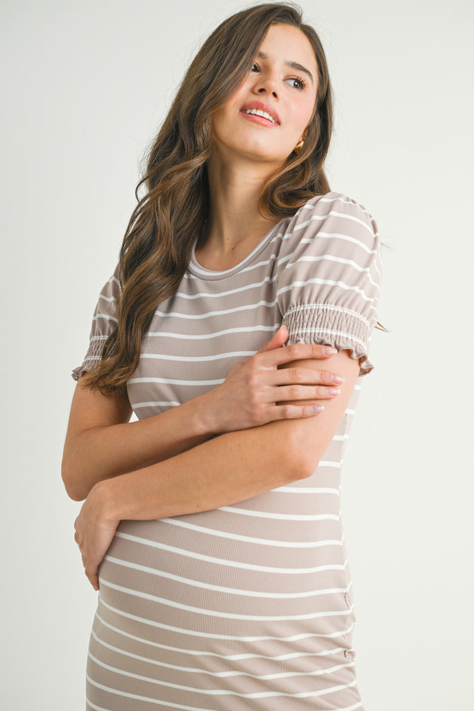 Taupe Fitted Stripped Puff Sleeve Maternity Dress Close Up