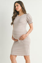Taupe Fitted Stripped Puff Sleeve Maternity Dress Side View