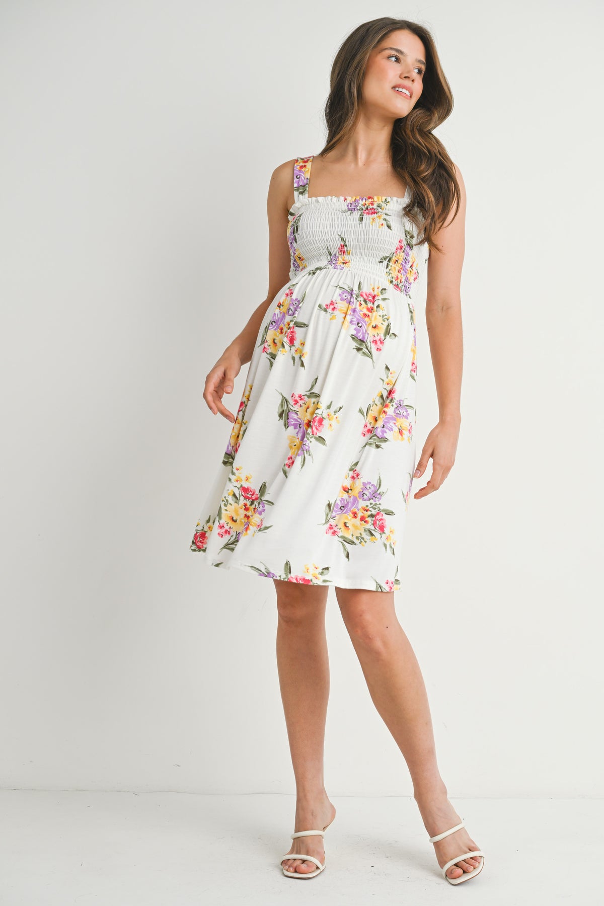 Ivory Floral Smocked Maternity Dress Full Body