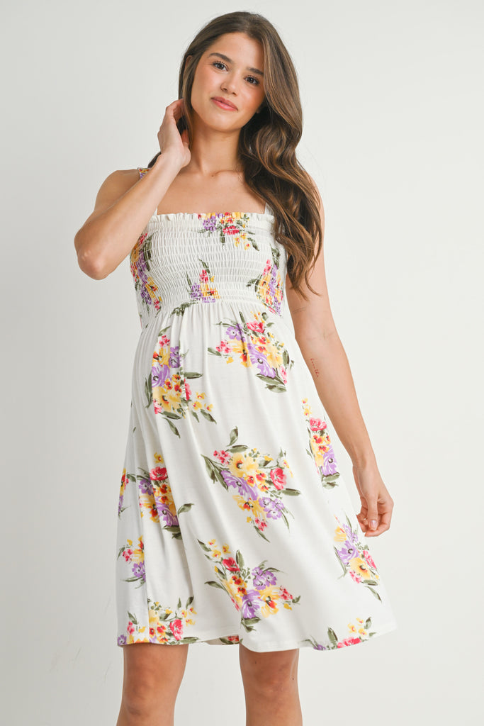 ivory floral maternity dress Ivory Floral Smocked Crochet Trim Maternity Dress The Prissy Pelican