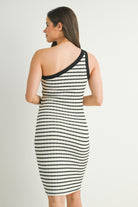 Cream Black One Shoulder Fitted Striped Maternity Back View