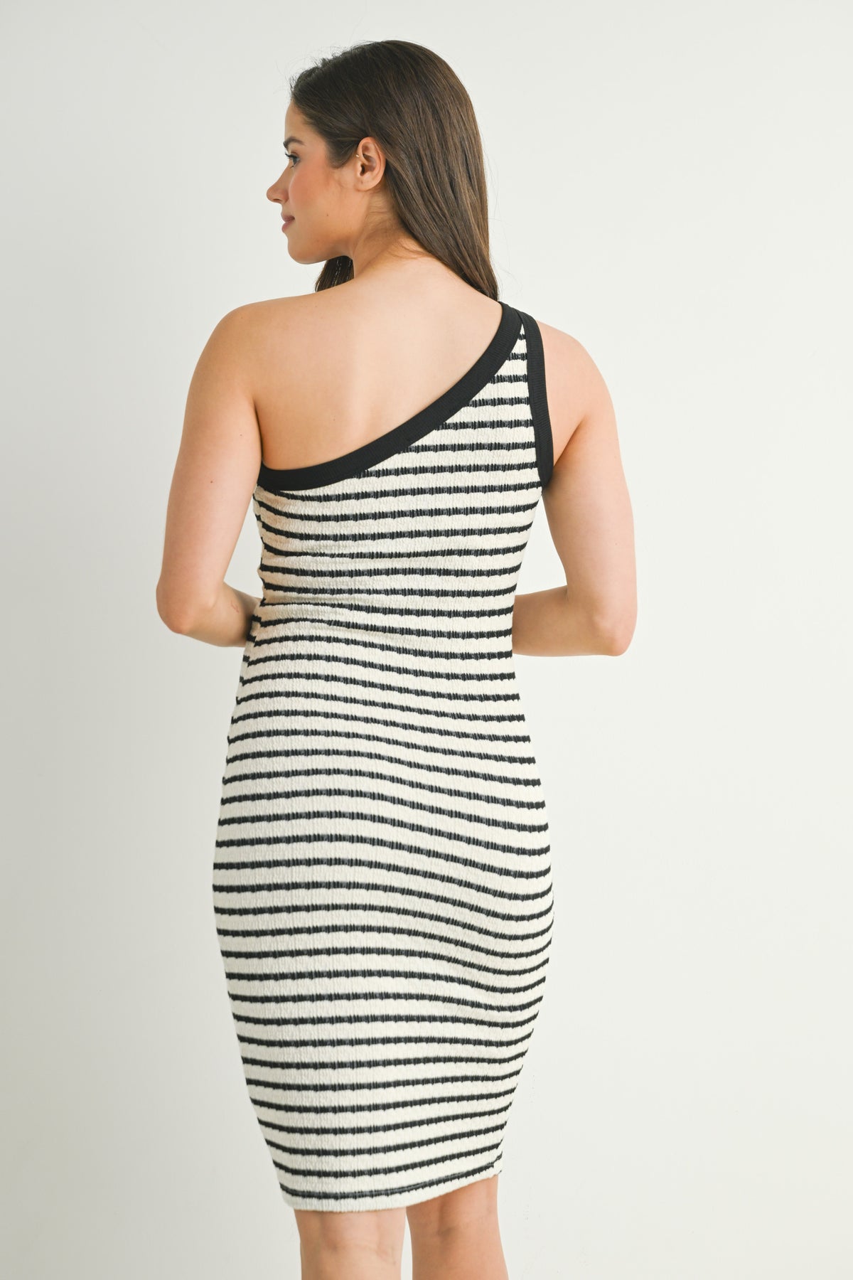 Cream Black One Shoulder Fitted Striped Maternity Back View