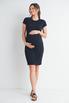 Black Textured Round Neck Short Sleeve Maternity Dress Full Body