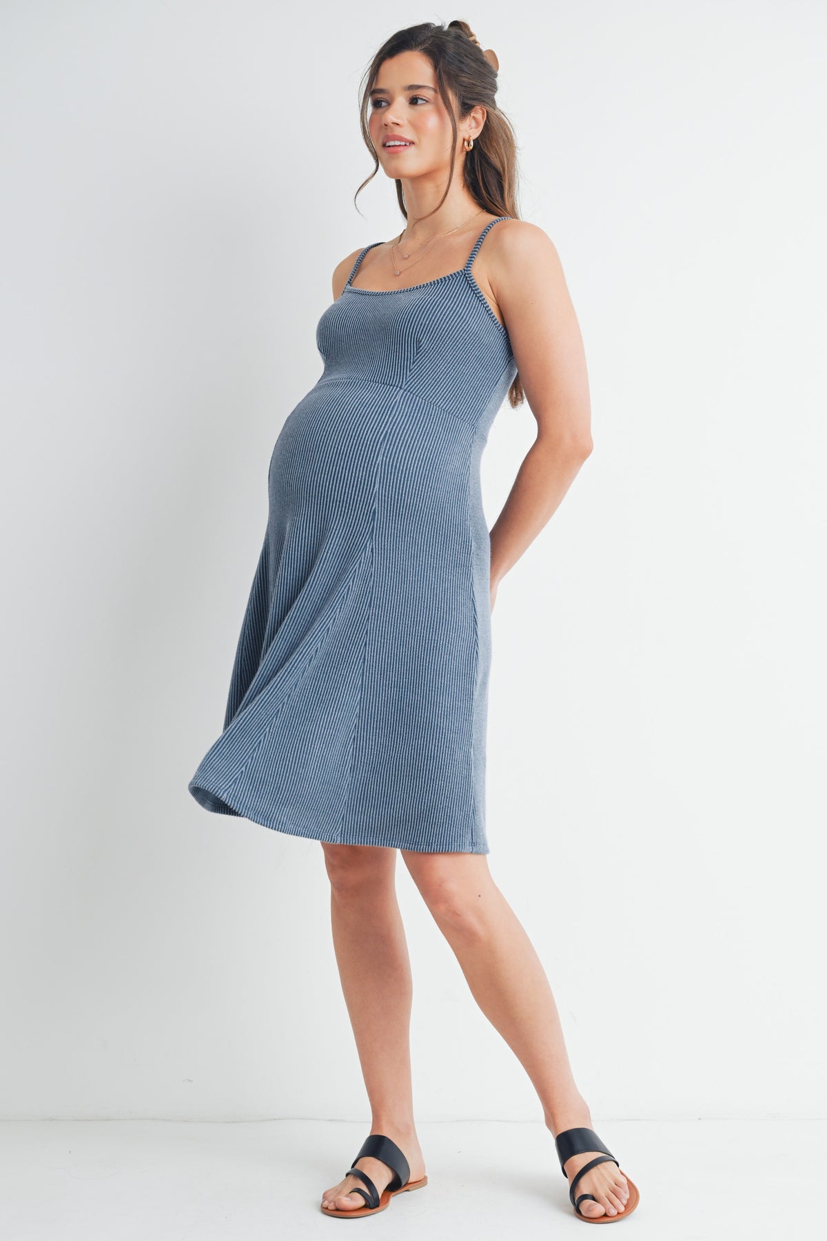 Denim Ribbed Square Neck Sleeveless Maternity Dress Full Body