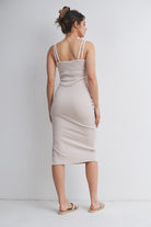 Taupe/White Ribbed Bodycon Maternity Midi Dress with Contrast Double Straps and Side Slit Back View