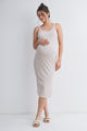 Taupe/White Ribbed Bodycon Maternity Midi Dress with Contrast Double Straps and Side Slit Front View