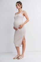 Taupe/White Ribbed Bodycon Maternity Midi Dress with Contrast Double Straps and Side Slit Side View