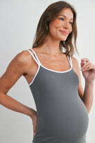 Olive/White Ribbed Bodycon Maternity Midi Dress with Contrast Double Straps and Side Slit Close Up