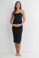 Black/White Ribbed Bodycon Maternity Midi Dress with Contrast Double Straps and Side Slit Front View