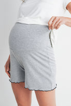 Heather Grey Ribbed High Waist Maternity Lounge Shorts Close Up