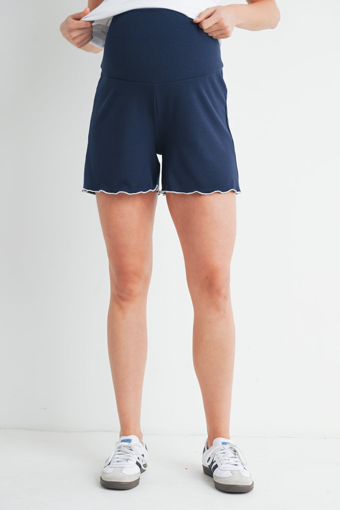 Navy Ribbed High Waist Maternity Lounge Shorts Front View