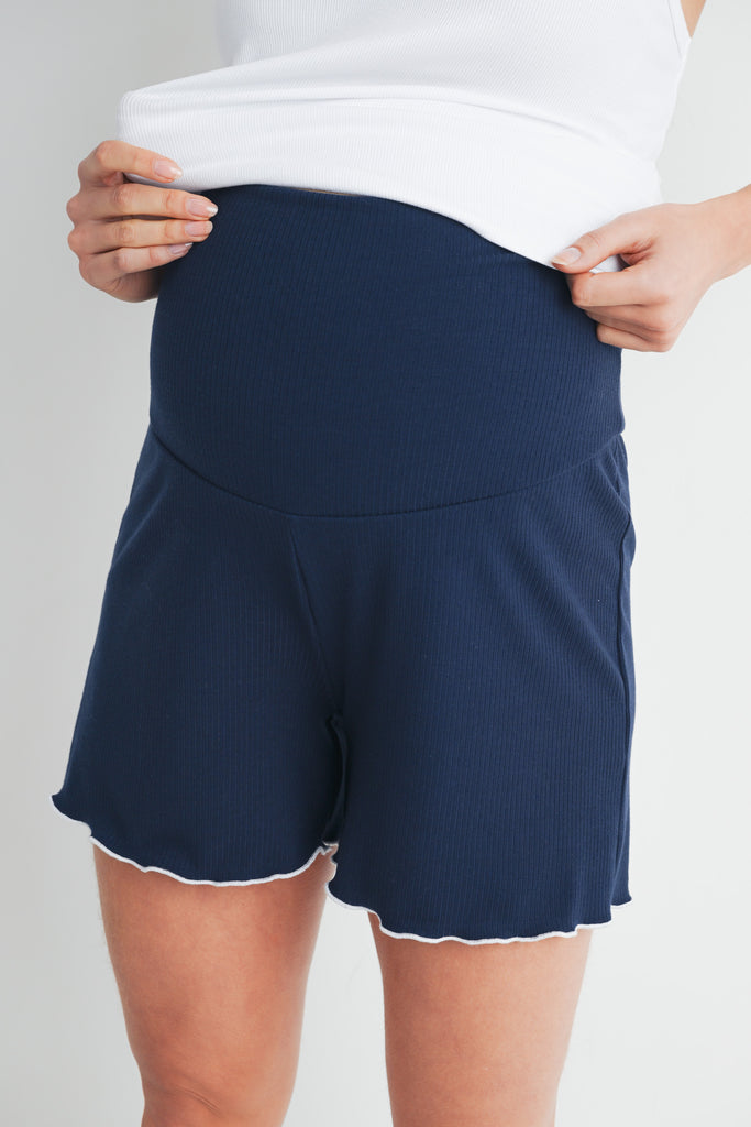 Navy Ribbed High Waist Maternity Lounge Shorts Close Up