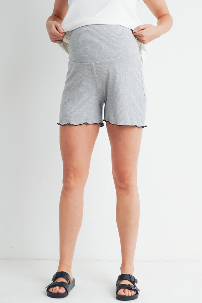 Heather Grey Ribbed High Waist Maternity Lounge Shorts Front View