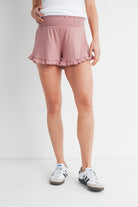 Mauve Smocked Waist Ruffled Hem Ribbed Maternity Shorts Front View