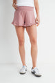 Mauve Smocked Waist Ruffled Hem Ribbed Maternity Shorts Front View