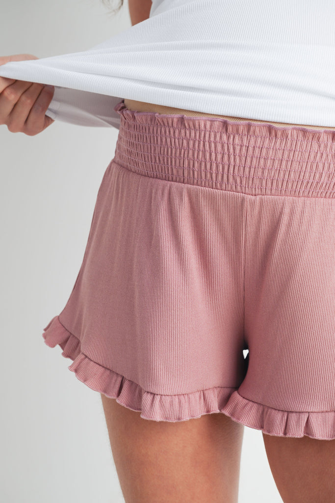 Mauve Smocked Waist Ruffled Hem Ribbed Maternity Shorts Detail Close Up