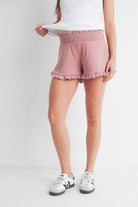 Mauve Smocked Waist Ruffled Hem Ribbed Maternity Shorts Front View
