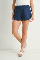 Navy Smocked Waist Ruffled Hem Ribbed Maternity Shorts Front View