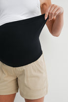 Taupe Over The Belly Cargo Maternity Shorts with Front Pockets Close Up