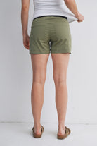 Olive Over The Belly Cargo Maternity Shorts with Front Pockets Back View