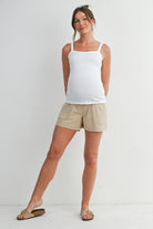 Taupe Over The Belly Cargo Maternity Shorts with Front Pockets Full Body View
