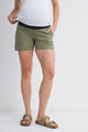 Olive Over The Belly Cargo Maternity Shorts with Front Pockets Front View