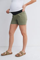 Olive Over The Belly Cargo Maternity Shorts with Front Pockets Side View