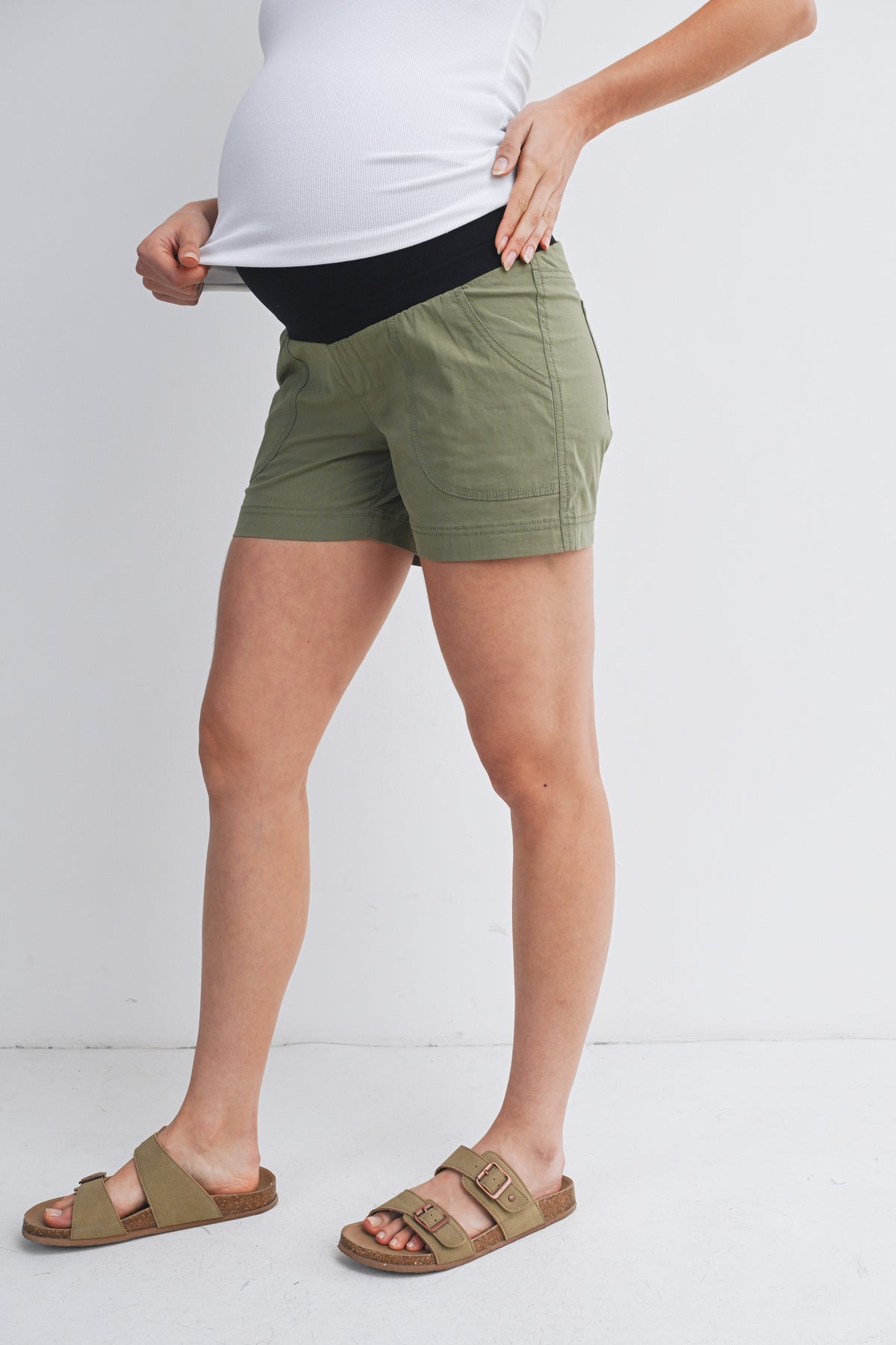 Olive Over The Belly Cargo Maternity Shorts with Front Pockets Side View