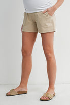 Taupe Over The Belly Cargo Maternity Shorts with Front Pockets Side View