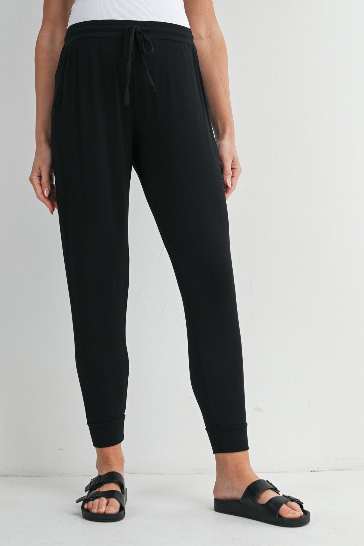 Black Relaxed Fit Maternity Lounge Wear Jogger Pants with Pockets Front View