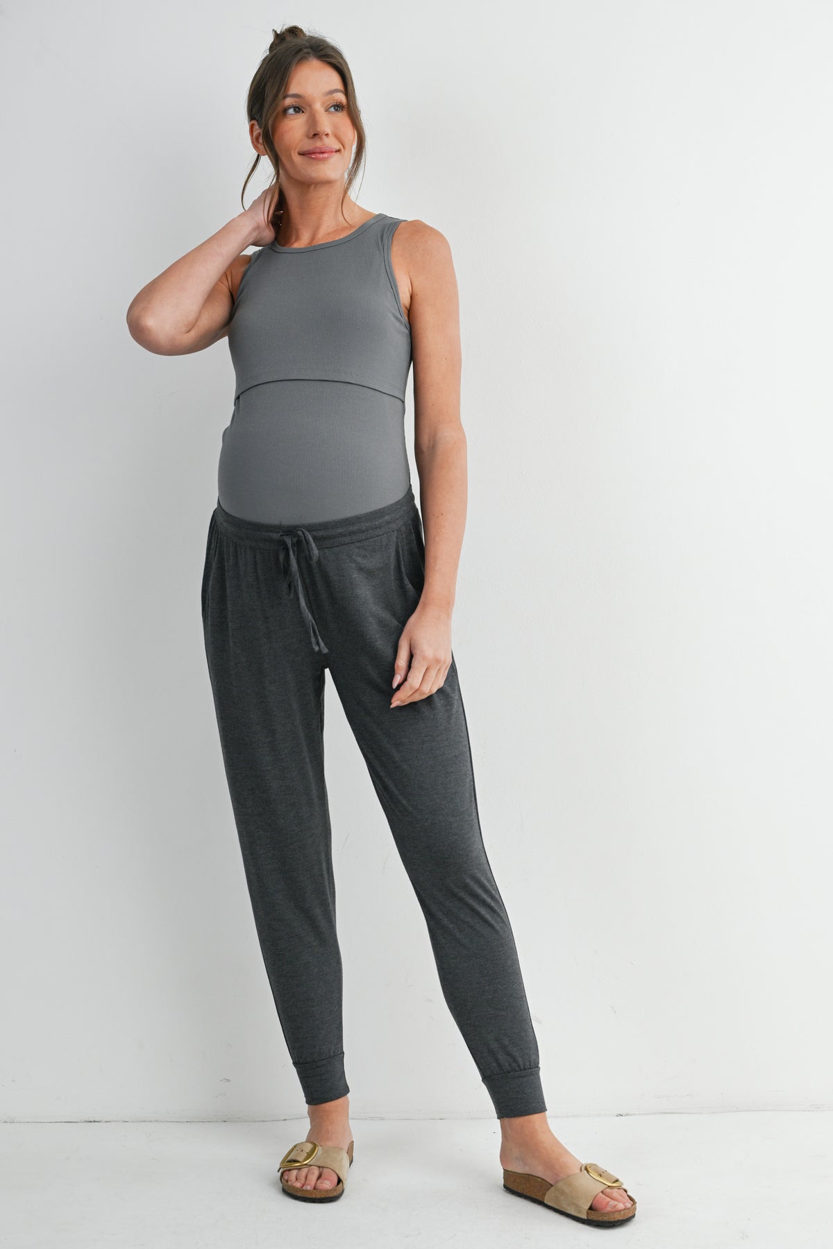 Charcoal Relaxed Fit Maternity Lounge Wear Jogger Pants with Pockets Full Body