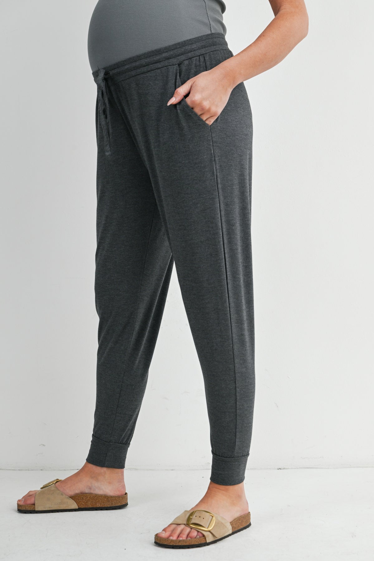 Charcoal Relaxed Fit Maternity Lounge Wear Jogger Pants with Pockets Side View