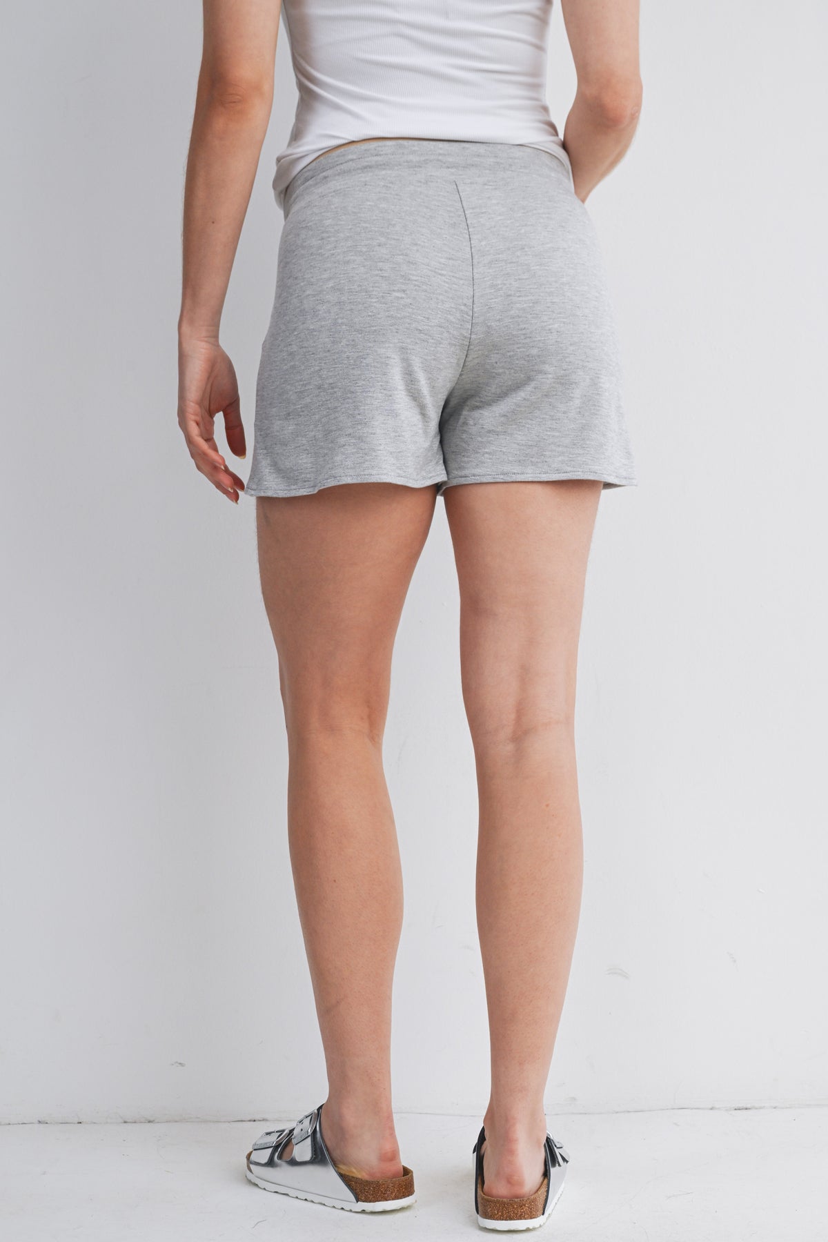 Heather Grey French Terry Maternity Lounge Shorts with Drawstring & Pockets Back View