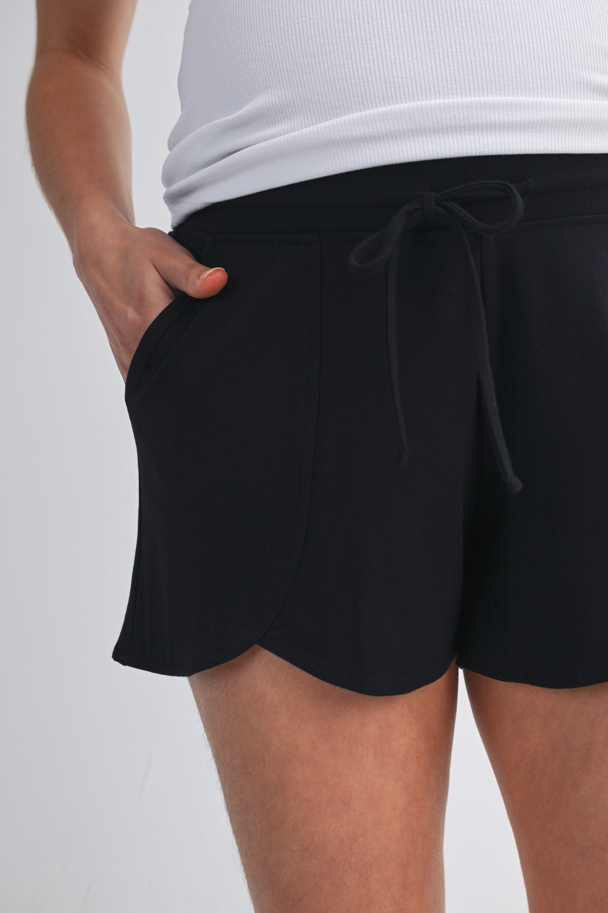 Black French Terry Maternity Lounge Shorts with Drawstring & Pockets Close Up