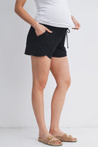 Black French Terry Maternity Lounge Shorts with Drawstring & Pockets Side View
