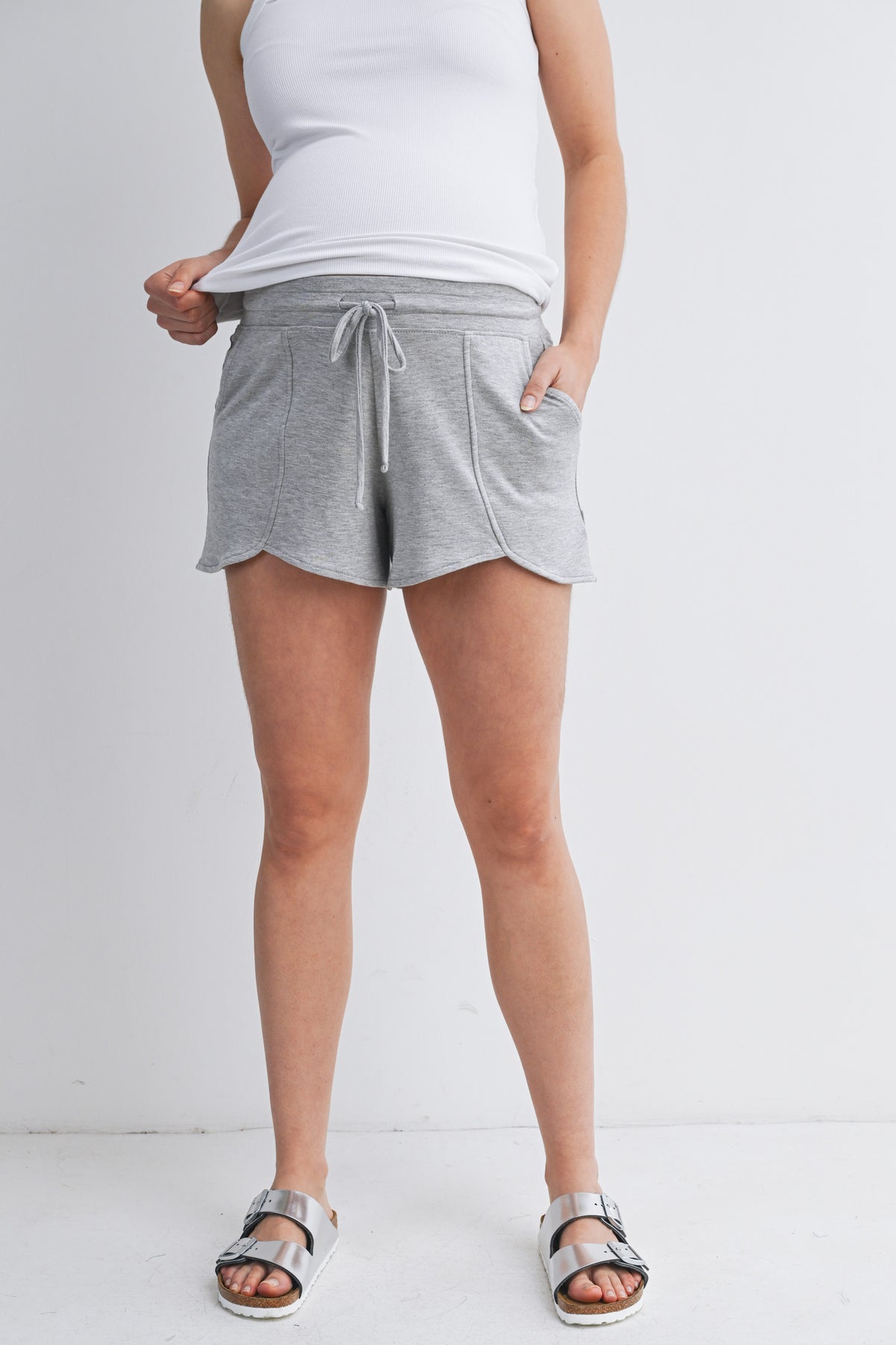 Heather Grey French Terry Maternity Lounge Shorts with Drawstring & Pockets Front View