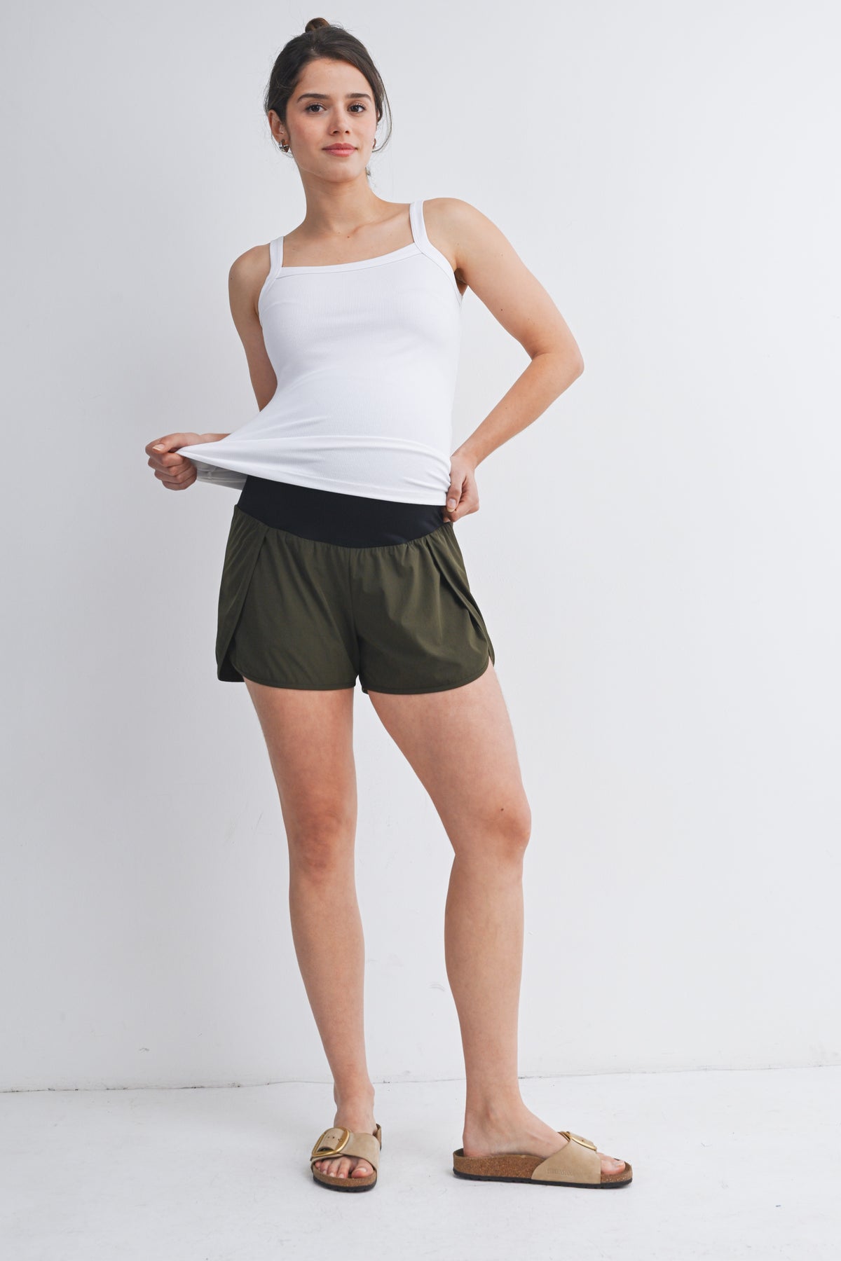 Olive Active High Waisted Maternity Shorts with Built-In Pocket Liner Full Body