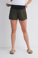 Olive Active High Waisted Maternity Shorts with Built-In Pocket Liner Front View