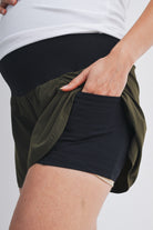 Olive Active High Waisted Maternity Shorts with Built-In Pocket Liner Close Up